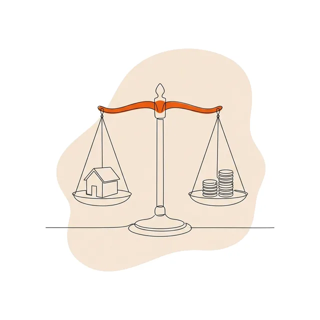 Balance avec une petite maison sur un plateau et des pièces sur l’autre