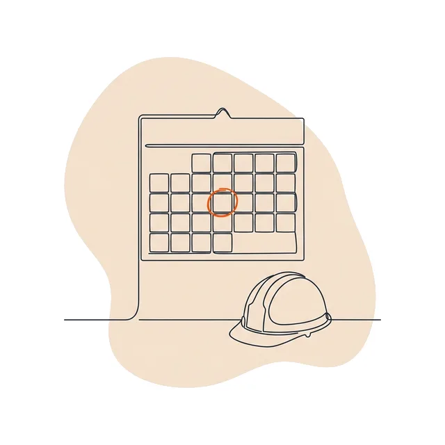 Calendrier mural avec une case entourée, un casque de chantier au pied du mur