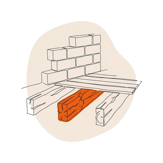 Vieux plancher en bois fendu sous un mur neuf en parpaings