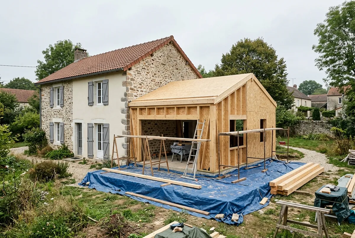 Extension en ossature bois en cours de construction accolée à une maison en pierre
