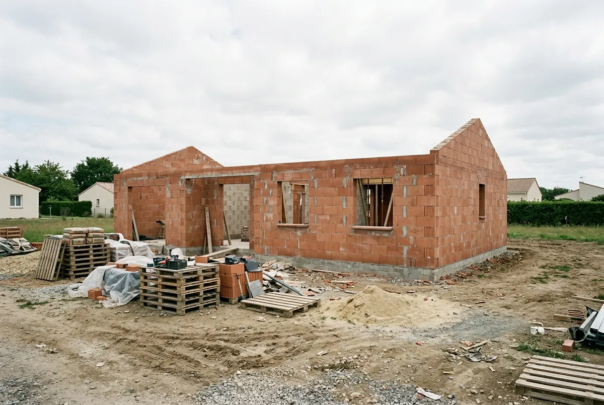 Maison de plain-pied en construction, murs en briques montés et palettes de matériaux au pied