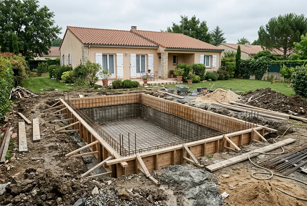 Piscine enterrée en béton en construction dans le jardin d’une maison