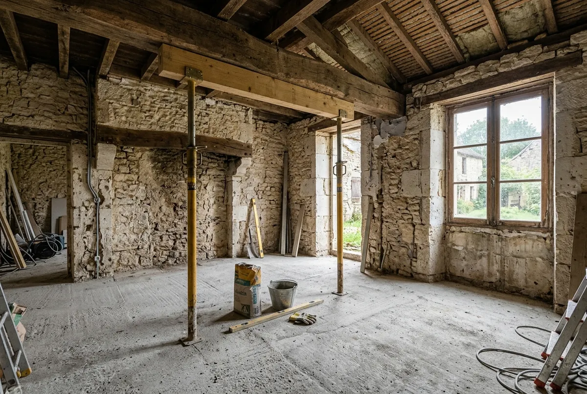 Maison ancienne en rénovation, murs en pierre à nu, poutre neuve soutenue par des étais